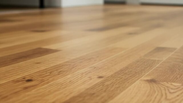 Low angle view of a polished hardwood floor. Natural oak wood texture background for interior design and home renovation.