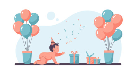 Baby Reaching For Birthday Gifts During Party Celebrations With Balloons