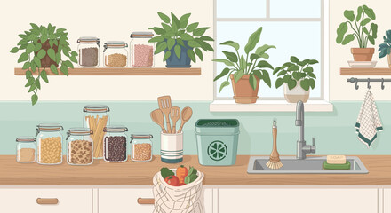 Eco-friendly kitchen with plants and sustainable living