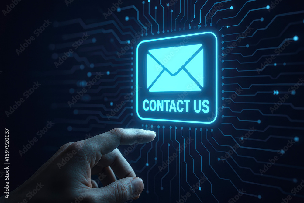 Poster glowing cyan envelope icon contact button on digital circuit board technology interface