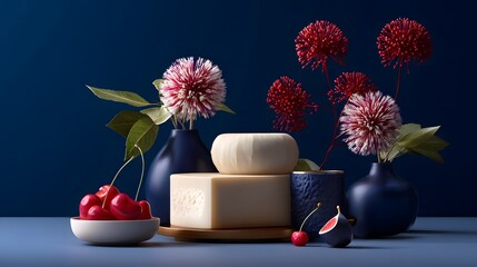 Charming Still Life Composition Featuring Varieties of Cheese and Floral Arrangement on Blue Background