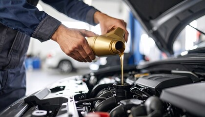 Male mechanic pouring golden automobile motor oil into car engine with precision, inside a professional auto workshop with tools blurred in background