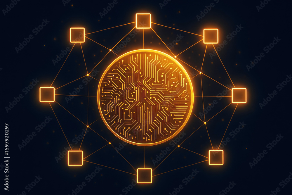 Poster glowing golden circuitry network connected digital nodes cryptocurrency blockchain
