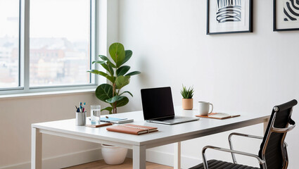 Modern Office Desk with Laptop, Minimalist Workspace and Home Office Setup