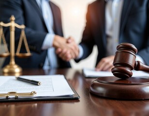 Two men in suits shaking hands across a table with legal items, representing legal consultation and agreement, business partnership, justice and law, and professional collaboration.