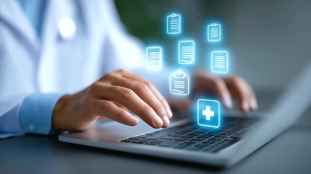 Healthcare worker organizing insurance paperwork and billing tools.