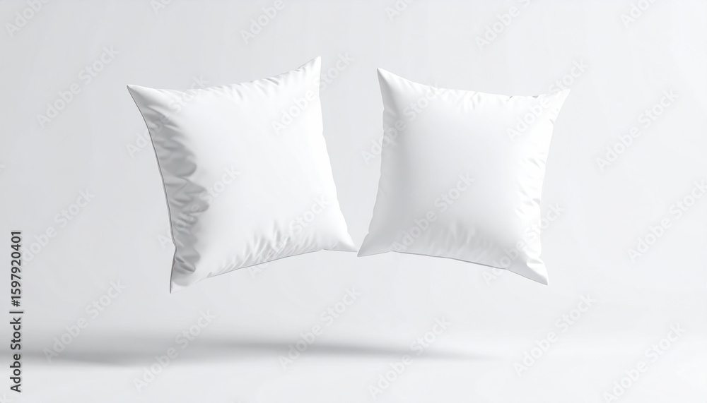 Poster two white floating pillow mockups with button closure and fold on pastel clear background