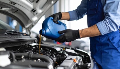 Fototapeta premium Male mechanic pouring golden automobile motor oil into car engine with precision, inside a professional auto workshop with tools blurred in background