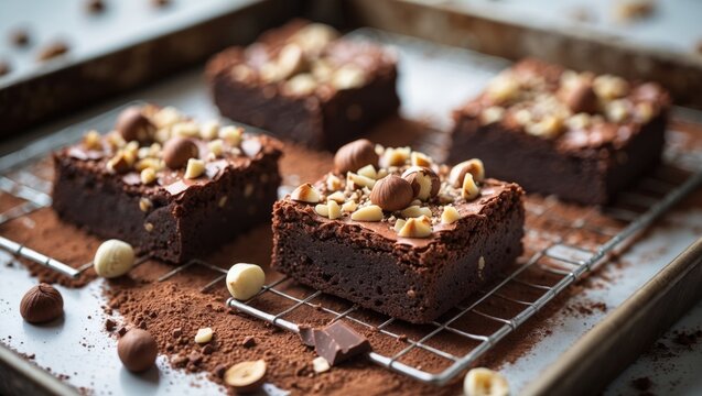 Chocolate brownies with nuts topped with chocolate chips on a cooling rack.