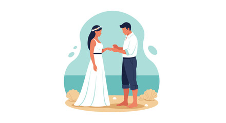 Fototapeta premium Beach Ceremony For Young Couple Exchange Rings Near Seaside Backdrop