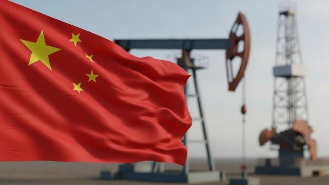 Chinese flag waving with oil pumpjacks in the background. China energy industry and fossil fuel production concept.