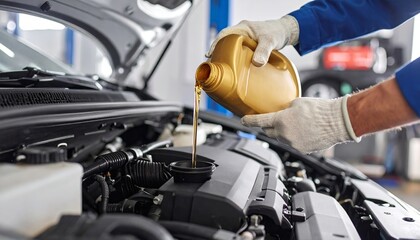 Male mechanic pouring golden automobile motor oil into car engine with precision, inside a professional auto workshop with tools blurred in background