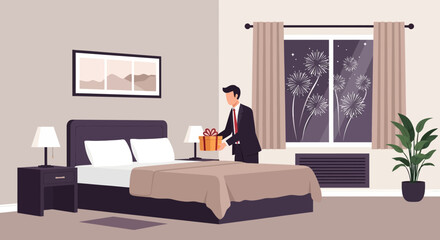Elegant Evening Surprise Man Delivering Gift In Hotel Room With Fireworks