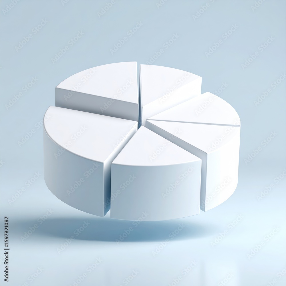 Poster white 3d pie chart with separated segments floating on a soft blue background