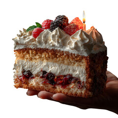A rustic slice of birthday cake held mid-air by a hand, lit from below to highlight whipped cream peaks, berry textures, and flickering candle flame, isolated on transparent background. 