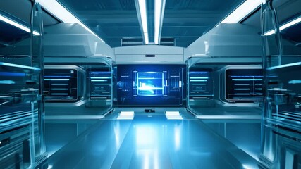 Futuristic laboratory interior zooming on hologram interface - Powered by Adobe