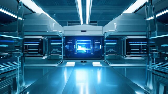 Futuristic laboratory interior zooming on hologram interface