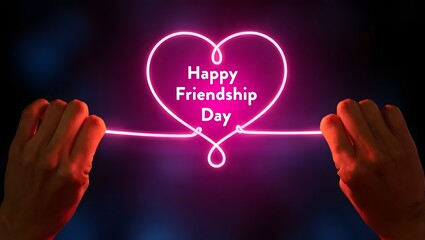 Hands holding pink neon heart with happy friendship day message