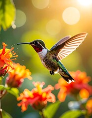 Fototapeta premium Delicate hummingbird sipping sweet nectar from a vivid orange flower in a sun-kissed garden with beautiful bokeh lights.
