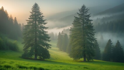 Lush green landscape with tall pine trees, foggy mountains in the background, and soft early morning light illuminating the scene.