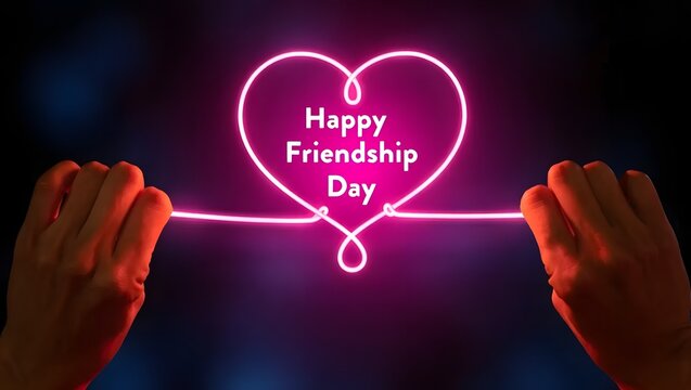 Hands holding pink neon heart with happy friendship day message