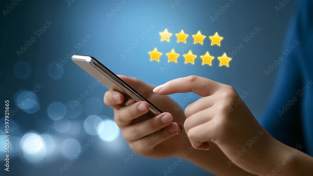 Poster close-up of a smartphone displaying a user-friendly feedback interface with star ratings and custome