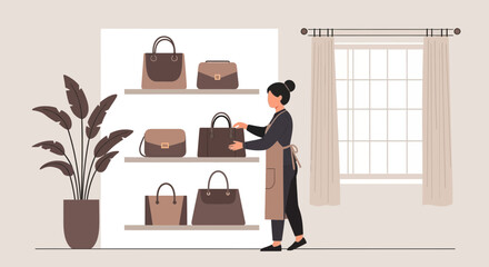 Elegant Handbags Displayed On Shelves In A Boutique With A Woman Arranging Them