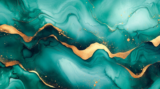 Marble green liquid watercolor background with gold wave pattern. Dusty grey emerald alcohol ink drawing effect with golden stains - Powered by Adobe