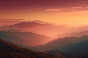 Fototapeta premium Majestic mountain range landscape with layers of peaks receding into the distance, bathed in a warm, hazy orange and red sunset glow, creating a serene and atmospheric vista.