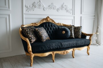 Naklejka premium Luxurious Baroque-style black and gold sofa with velvet upholstery and golden carved details, contrasting modern minimalist interior decor.