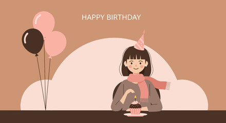 Birthday Celebration Featuring Cute Girl With Balloons And Delicious Cupcake Illustration