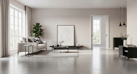 Modern minimalist living room interior with polished concrete floor 