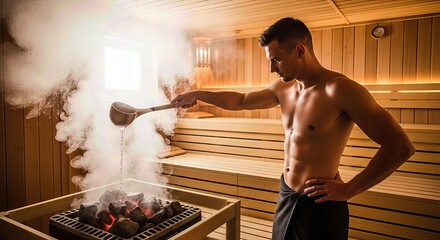 Man Pouring Water on Hot Sauna Stones – Relaxation and Wellness Ritual in Steam Room