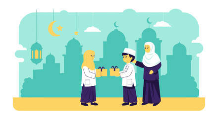 Celebrating Generosity Festive Season Muslim Family Exchange Gifts Flat Illustration