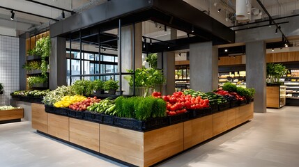 Modern Grocery Store Interior Displaying Fresh Vegetables and Plants in a Bright Environment