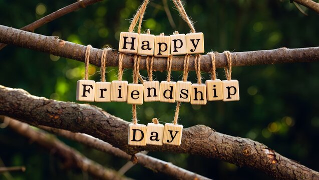 Handmade friendship day message hanging on a tree branch