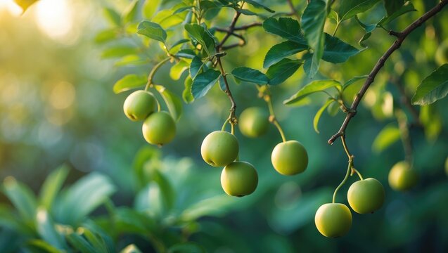 Green fruit on tree branches in a natural environment.