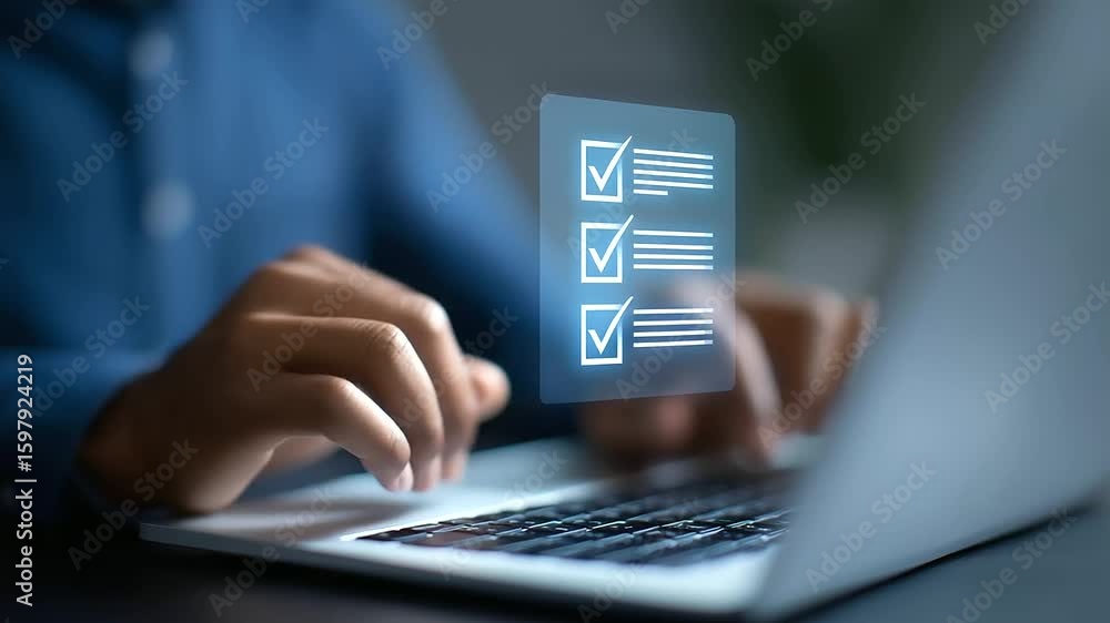Aufkleber close-up of a laptop keyboard with a compliance document displayed on the screen.