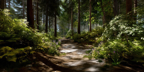 Fototapeta premium Forest path with sunlight filtering through tall trees and lush green foliage creating calm natural atmosphere