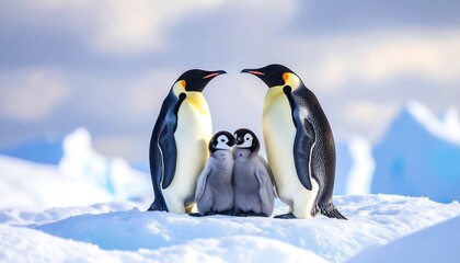 A heartwarming portrait of an Emperor penguin family embracing together on the Antarctic ice, symbolizing love and unity.