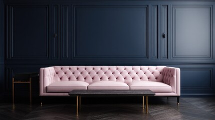 Luxurious pink sofa in a dark room