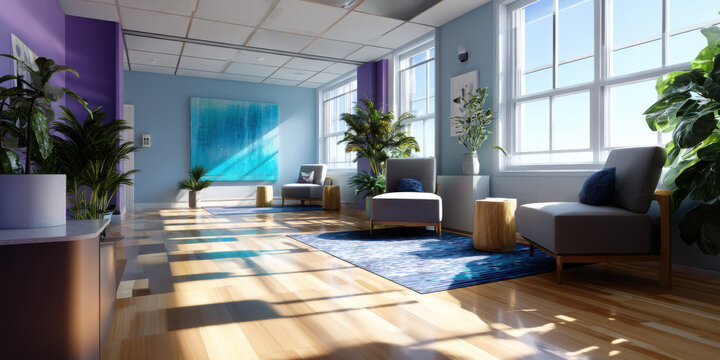 Modern waiting room with natural light and comfortable chairs, creating calm and inviting atmosphere with plants and artwork