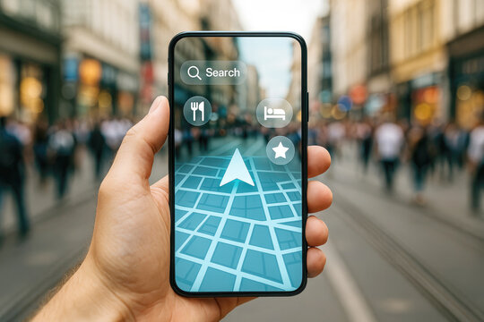 Hand holding smartphone augmented reality navigation map city street image