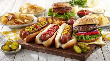 The delightful spread of hotdogs and burgers on a rustic wooden table.
