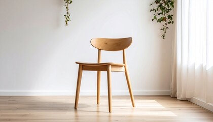 Wooden Dining Chair Mockup Floating Against White Wall with Natural Light and Minimalist Design
