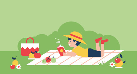 Boy Enjoying Reading Book On A Summer Picnic Adventure Scene Outdoors