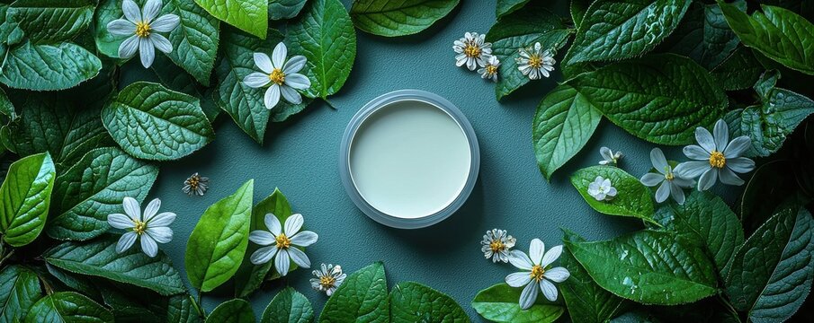 White circular mockup surrounded by lush green leaves and white flowers - Powered by Adobe