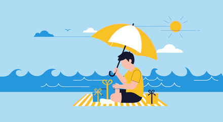 Boy Enjoying Summer Vacation Day Under Umbrella Sitting Beside Gifts On Beach