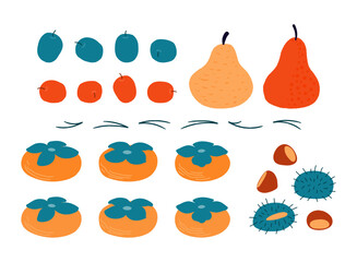 Traditional Chuseok food jujube, persimmon, chestnut, pear fruits, pine needles, isolated on transparent. Hand drawn flat vector illustration. Korean Mid Autumn Festival design elements set, clip art