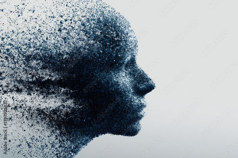 Poster silhouette of a human head created from pixel particles. conceptual image of deep learning and face 